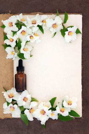 Mock orange flower border with essential oil bottle on a natural hemp notebook over brown paper background. Philadelphus.の写真素材
