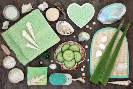 Aloe vera and cucumber spa beauty treatment with bathroom skincare accessories including soap, flannel, body scrub, pumice, moisturising cream with shells and pearls.の写真素材