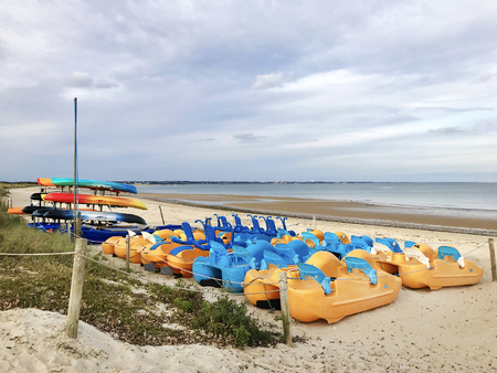 Pedalos and kayaks tied up on a sandy beach and for hire at the seaside.の写真素材