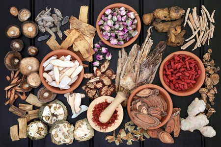 Chinese herbal medicine with herbs in terracotta bowls and loose with wooden mortar and pestle on dark wood background. Top view.の写真素材