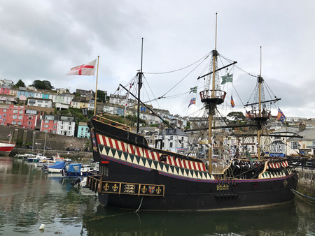 Brixham, Devon, United Kingdom.26th July 2017. Historical Golden Hind replica wooden boat in Brixham harbour. The original, sailed by Sir Franics Drake, was the first ship to circumnavigate the earth.のeditorial素材