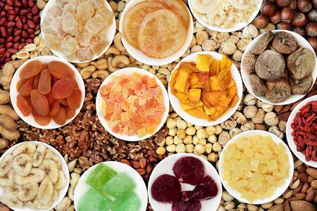 Dried fruit & nut collection forming an abstract background. Health food high in antioxidants,...