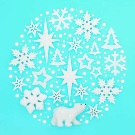 Abstract north pole themed Christmas bauble decorations with white & frosted xmas decorations & snow...