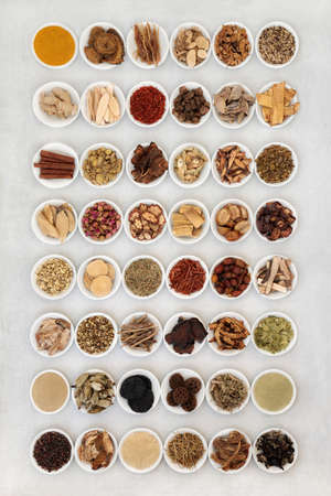 Large Chinese herb and spice collection in porcelain bowls used in traditional herbal medicine. ...