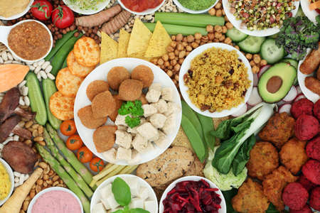 Vegan super food for a plant based healthy diet high in antioxidants, protein, omega 3, dietary fibre, anthocyanins, smart carbs, vitamins and minerals. Ethical eating healthy planet concept.の写真素材