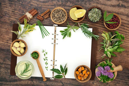 Immune system boosting herbs spice used in herbal plant medicine. Plant based health food high in antioxidants, anthocyanins, vitamins and minerals. Natural health care concept. On rustic wood.の写真素材