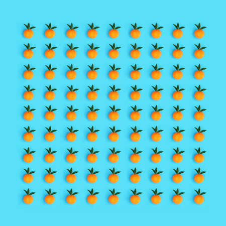 Healthy food option concept. Orange citrus fruit with leaf sprigs, high in antioxidants, flavonoids, vitamin c for immune system boost on blue. Abstract isometric design, natural health care theme.の写真素材