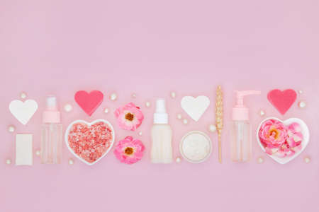 Spa skincare beauty treatment composition with rose, wheat and exfoliation himalayan salts. Anti ageing benefits with moisturiser, gel and lotion with pearls. Can ease psoriasis, acne and ezcema.の写真素材