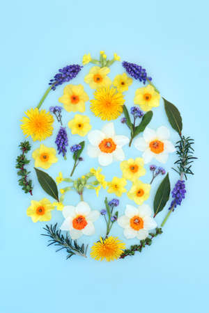 Abstract Easter egg concept shape with flower and leaf collection. Creative symbolic layout for the...