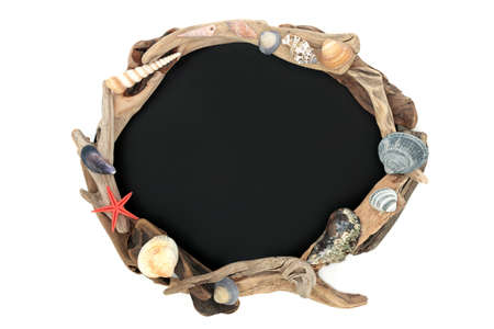 Driftwood and seashell abstract background border composition with chalk board. Oval shape, minimal...