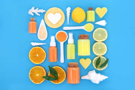 Plant based fresh orange and lemon citrus fruit for tonic skincare beauty treatment with...