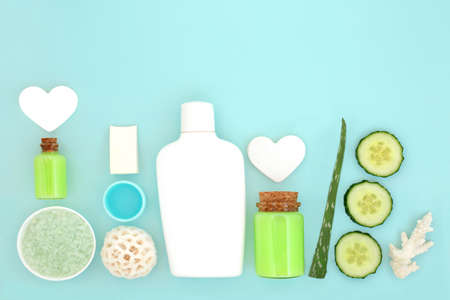 Cucumber and aloe vera ingredients for natural organic skincare plant based beauty treatment on...