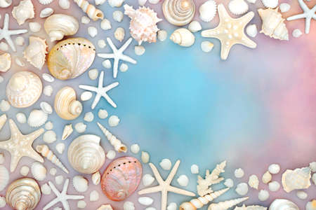 Sea shell collection of shells on rainbow colored sky cloud background. Abstract border summer...