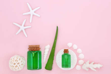 Aloe vera herb skincare natural skin care for healthy plant based treatment. Herbal gel bottles, leaf, cosmetic sponge and decorative sea shells.  On pastel pink background with copy space.の写真素材