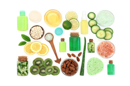 Natural skincare body care products with plant based ingredients for restorative beauty treatments. Healthcare lifestyle design element on white, copy space.の写真素材