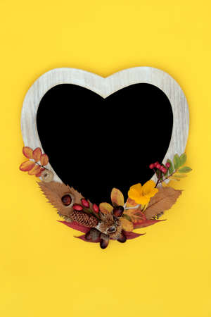 Heart shape frame for Autumn, Thanksgiving, harvest festival. Abstract nature concept with leaves, flowers,  nuts. Minimal Fall composition with natural flora. On yellow background. Flat lay.の写真素材