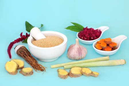 Immune system boosting herbs for good health. Highly nutritous healthy food high in antioxidants,...