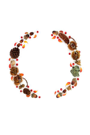 Autumn wreath abstract nature concept with leaves, flora, nuts and berry fruit. Minimal abstract Thanksgiving Fall composition with natural symbols. On white background. Flat lay.の写真素材