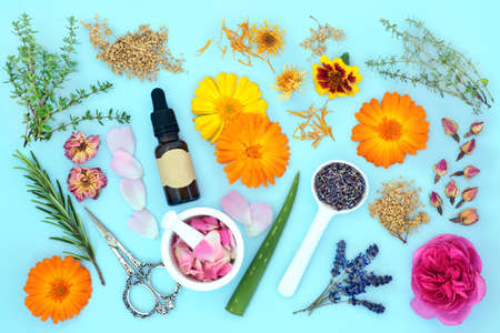 Aromatherapy essential oil preparation with summer flower and herbs. Natural plant based flower remedy skincare treatment. Can ease psoriasis, eczema, acne and wounds. On blue background.の写真素材