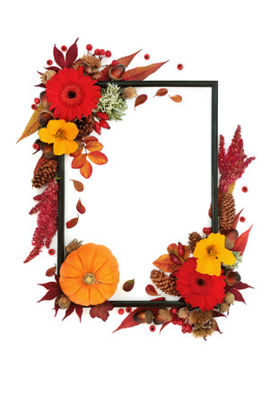 Autumn and Halloween floral frame with leaves, flowers, berry fruit, nuts. Colourful Thanksgiving, harvest festival  abstract nature composition with natural flora. Black frame on white.の写真素材