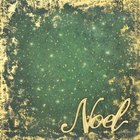 Gold Noel sign on grunge green background. Minimal border festive Christmas joyous abstract design for the holiday season.の写真素材