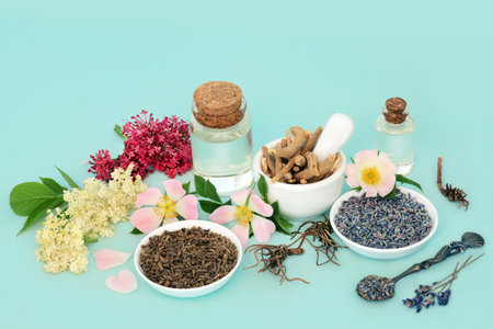 Homeopathic preparation of alternative herbal plant medicine with valerian root, lavender, elderflower, wild rose and ashwagandha. For natural healing calmoing remedies. On blue background.の写真素材