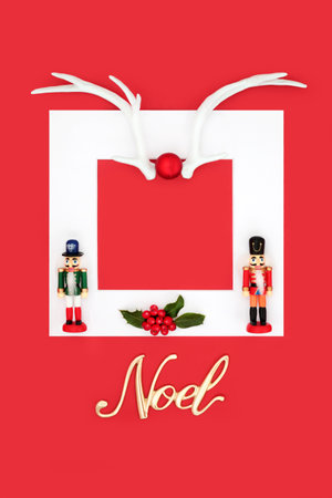 Christmas noel sign festive abstract red background border with reindeer antlers, nutcracker toy soldiers, holly, white frame. Fun decorative symbols for the holiday season.の写真素材