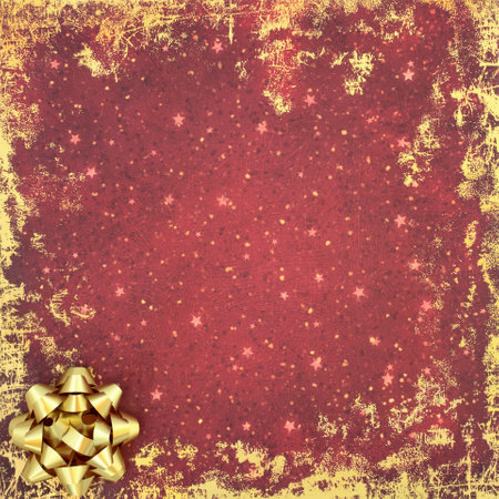 Christmas Winter and New Year gold bow festive background border on grunge red. Abstract Xmas  composition for holiday season.の写真素材