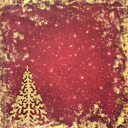Christmas tree glitter decoration on grunge gold red background. Festive sparkling composition for Xmas and New Year holiday season.の写真素材