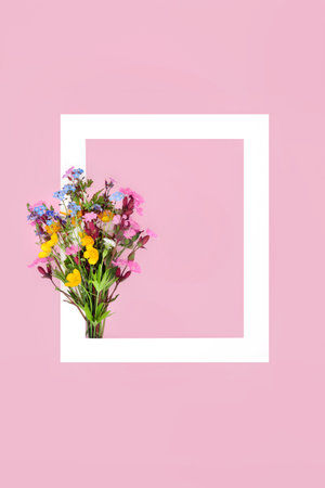 Spring wildflower posy, white frame on pink background. Minimal abstract border nature composition for Valentines Day, Mothers Day, Easter, birthday. British flora. Flat lay.の写真素材