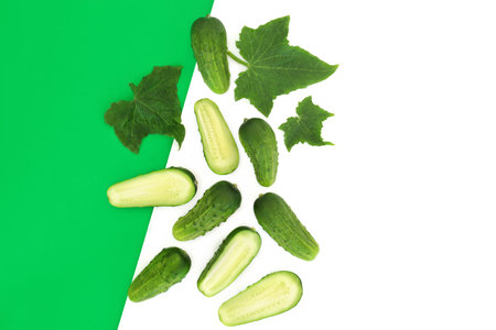 Cucumber salad vegetable health food freshly grown organic local produce c with leaves on dual green white background. Eco friendly concept. High in vitamin k, vitamin c, fibre, lignans, polyphenols.の写真素材