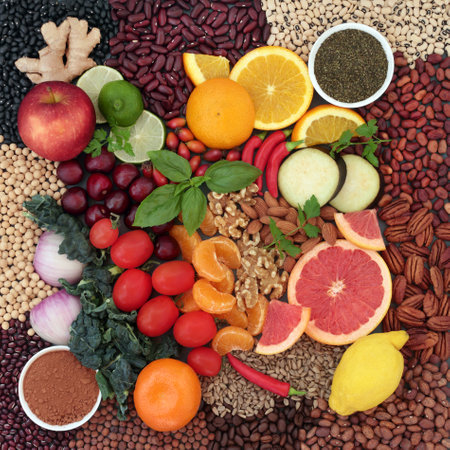 Super food collection high in flavonoids and polyphenols for a healthy diet. Also high in antioxidants, bioflavonoids, anthocyanins, vitamins, proteins, minerals, fibre. Flat lay.の写真素材