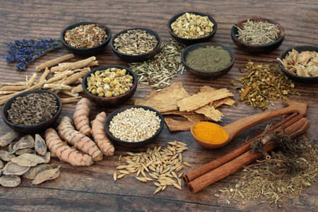 Nervine plant based heath food herbal medicine with herb spice collection. Natural adaptogen alternative health care on rustic wood.の写真素材