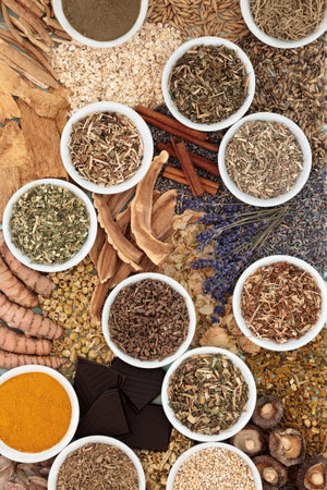 Nervine food herbal medicine collection. Heals the nervous system calms anxiety and stress. Healthy natural adaptogen alternative health care plant medicine.の写真素材