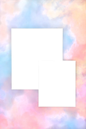 Summer rainbow sky cloud background composition. Abstract beautiful nature concept. Artistic minimal pastel coloured border. Copy space.の写真素材