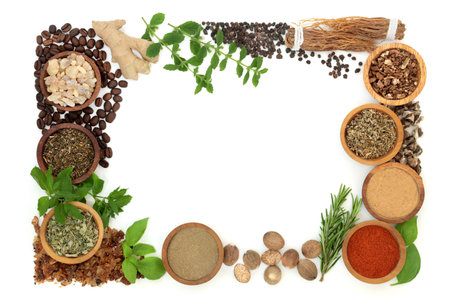 Nervine herb and health food background frame. Ingredients used as a nerve tonic to support the nervous system. Healthy natural adaptogen alternative health care. On white.の写真素材