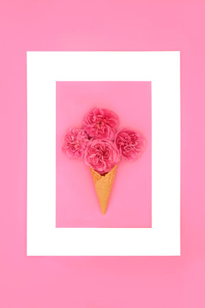 Surreal ice cream cone with red summer rose flowers and white frame on pink background. Abstract nature floral food gift concept.の写真素材