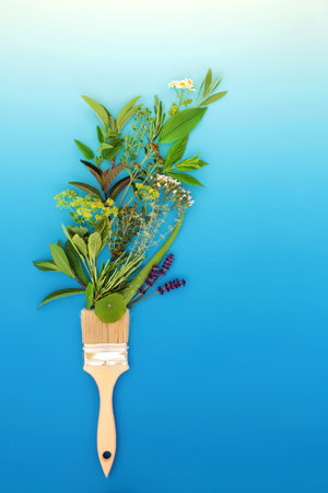 Painting with herbs surreal concept with natural paintbrush. Healthy food seasoning green eco symbol nature design. Gradient blue white background.の写真素材