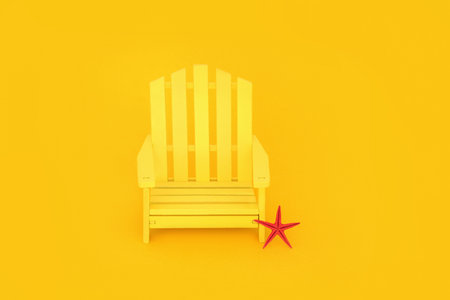 Time for a rest minimal summer vacation composition with wooden chair on yellow background with red starfish. Sunshine, travel, holiday, tourism, contract, solitary concept. Copy space.の写真素材
