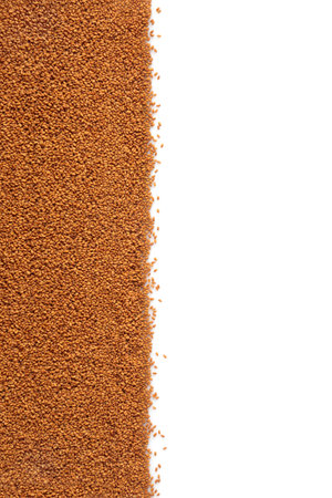 Camelina seed vegan healthy food. Immune system boosting, lowers cholesterol, vitamin E for skincare, is anti inflammatory high in essential fatty acids. On white, copy space flat lay, top view.の写真素材