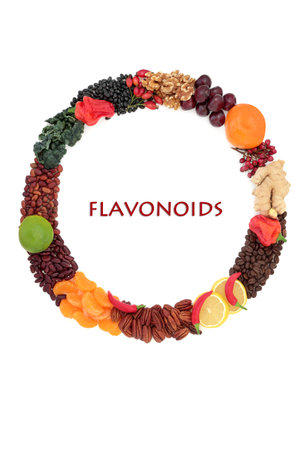Health food wreath high in nutrients of flavonoids polyphenols antioxidants anthocyanins lycopene vitamins proteins bio flavonoids minerals fibre  Abstract design concept. On white.の写真素材