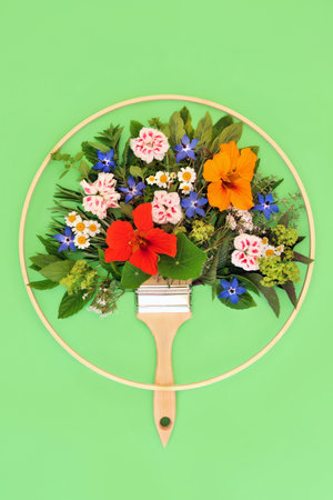 Abstract flower herb leaf tree shape concept with paintbrush. Minimal eco symbol nature design on green background in wooden frame. Plant medicine and food seasoning. Flat lay.の写真素材