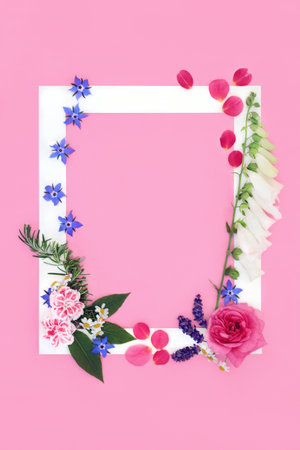 Healing herbs, flowers and wildflowers for alternative natural herbal plant medicine and remedies. Summer nature floral concept. Pink background white frame, flat lay.の写真素材
