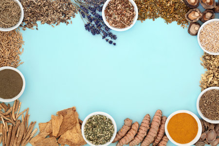 Nervine plant based herbal medicine food with herb spice collection. Calms anxiety in the nervous system and reduces stress. Natural adaptogen alternative health care food on blue background.の写真素材