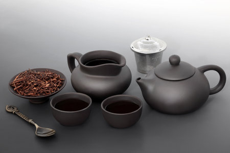 Kukicha green tea herbal drink. Japanese ceremony with teapot set and dried herb twigs. Healthy alkalizing natural beverage high in vitamins, minerals. On gradient grey background.の写真素材