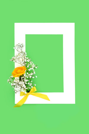 Yellow rose and gypsophila flower background frame on green. Bridal, baby birth announcement, mothers day, birthday, anniversary, nature floral minimal border composition.の写真素材