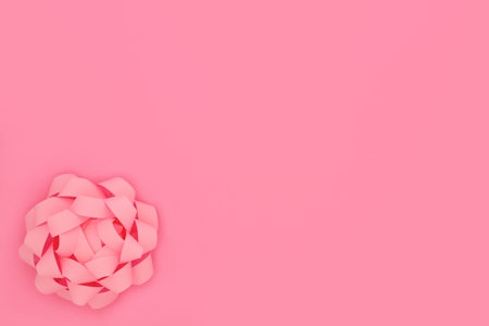 Pink for a girl design concept background with pastel coloured rosette bow. Minimal birth of a child gift, female birthday, valentines day composition.の写真素材