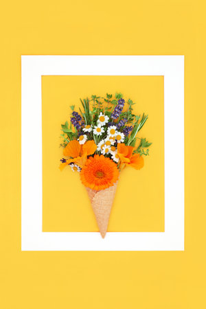 Abstract surreal summer edible flowers and fresh herbs in ice cream waffle cone with white frame. Minimal nature fun food concept on vivid yellow background. Flay lay copy space.の写真素材