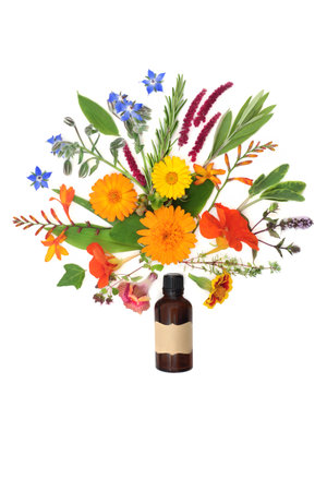 Surreal summer flower, wildflower and herb splash abstract with tincture bottle. Flora used in aromatherapy essential oils and natural herbal plant medicine. Healing edible food concept on white.の写真素材