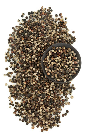 Chaste tree fruit vitex herb Chinese herbal plant medicine. Treats womens health, menstrual cycle problems and pain, pmt, menopause, stimulates progesterone. Man jing zi. On white.の写真素材